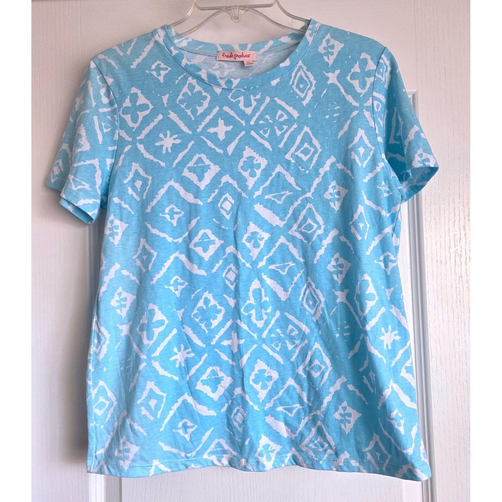 Fresh Produce Blue White Geometric Tile Print T-Shirt Size M Made USA Casual